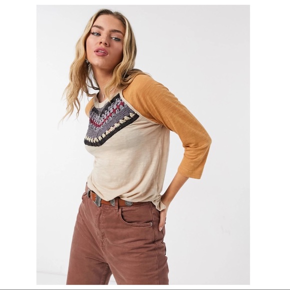 FREE PEOPLE BOHO TEE KNIT PULLOVER CROCHET TOP A2C - Picture 8 of 13